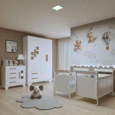 Imagem de Quarto De Bebê Completo Gêmeos Com Guarda-roupa, 2 Berços E Cômoda Gael Branco