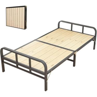 Imagem de Estrutura De Cama Dobrável Sem Colchão, Estrutura De Aço E Material De Madeira Maciça, Capacidade De Carga 500kg, Cama De Hóspedes Para Quarto, Escritório, One Color, 198 * 80 * 36cm