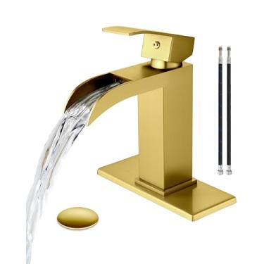 Imagem de Midanya Torneira de banheiro em cascata, torneira de pia de banheiro de alça única para pia de 3 ou 10 cm, torneiras de aço inoxidável com placa de deck e ralo pop-up, ouro escovado