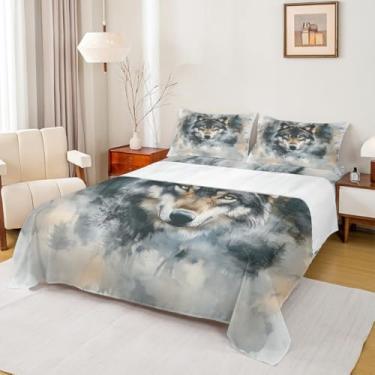 Imagem de Jogo de lençol com estampa de lobo estilo pintura a tinta, aquarela, pinheiros, plantas, para crianças, adolescentes e adultos, lençol de cima, lençol com elástico, 2 fronhas, tamanho casal, 4 peças