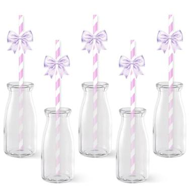 Imagem de Serencatcher 50 canudos de papel com laço roxo, lembrancinhas de festa de aniversário descartáveis para beber canudos de papel listrados decorativos para aniversário, chá de bebê, chá de panela