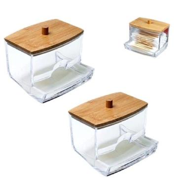 Imagem de 2 Organizador Porta Cotonetes em Acrílico Com Tampa de Bambu - Sanxia