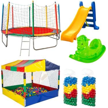 Imagem de Cama Elastica 3,05m Escorrega Medio Gangorra Piscina De Bolinhas 1,50m Com 1000 Bolinhas