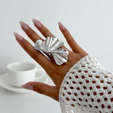 Imagem de Anéis empilháveis para mulheres, anéis grossos de ouro, anel floral, moderno, anéis de articulação, noivado, casamento, compromisso, joias, presente, Medium, Latão, Sem pedra preciosa