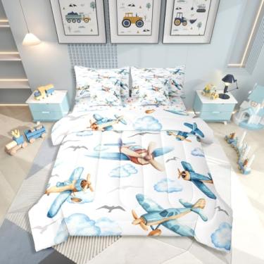 Imagem de Erosebridal Jogo de cama solteiro com desenho animado de avião a hélice, 7 peças, aeronave, avião, edredom com lençóis, com nuvens azuis, para quarto de crianças, meninas, adultos, animais voadores