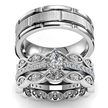 Imagem de Gy Jewelry Dois anéis para ele e ela, conjuntos de alianças de casamento femininas 2 peças com zircônia cúbica preenchida com ouro branco e aliança de casamento masculina de aço inoxidável, Cristal