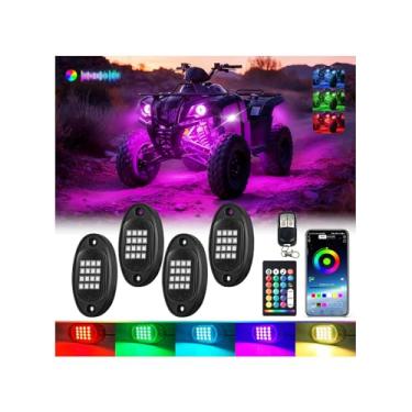 Imagem de LD DARKEAGLE Kit De Luzes Rocha Led Rgb Segmentadas Com Aplicativo/Controle Remoto Rf, 4 Peças Luz Neon Multicolorida Para Exterior Veículo, Multizona, 12 V, À Prova D'Água, Caminhão, Jeep, Utv, Atv
