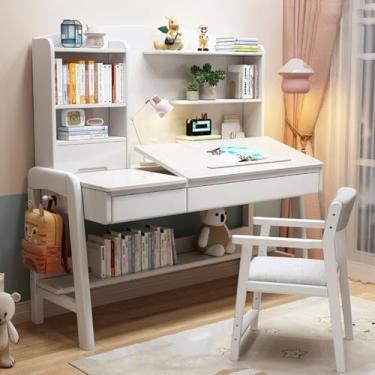 Imagem de Yadlan Mesa de estudo com gavetas em ambos os lados, altura ajustável e inclinada de 0 a 60°, mesa infantil com estante para crianças de 5 a 12 anos, mesa de escrita para espaços pequenos, branca 100