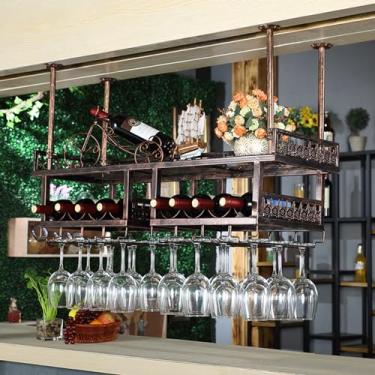 Imagem de HGTRH Rack de vinho para bar montado no teto, prateleira flutuante de bar, rack de vinho suspenso montado no teto, prateleiras flutuantes de armazenamento grandes de 3 camadas com suporte de vidro