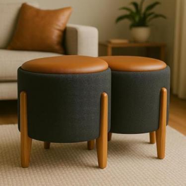 Imagem de Kit 2 Puffs Decorativos Redondos Luxo Elegance – Puff Banqueta para Sala, Quarto e Escritório(Preto/Caramelo)