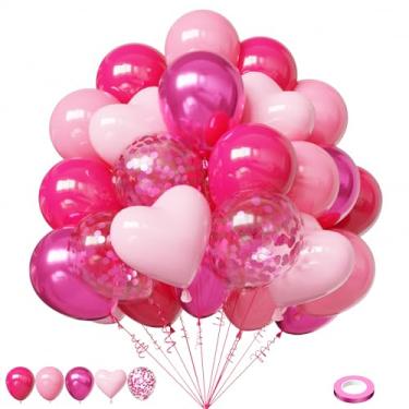 Imagem de Lukiituke Balões rosa, balões de confete de coração rosa choque de 30 cm, 57 peças de balões de dia dos namorados para aniversário, casamento, noivado, dia dos namorados, decorações de festa
