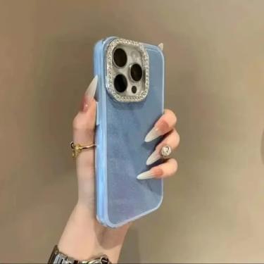 Imagem de HTVJFX Capa rígida com moldura e lente de câmera brilhante para iPhone 14 Plus (para iPhone 14 Plus/azul)