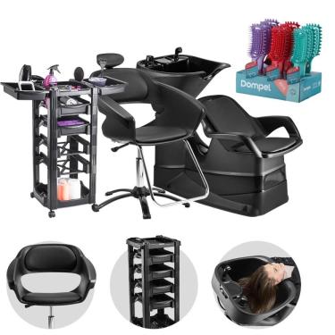 Imagem de Kit Salão de Beleza Cadeira Manual + Lavatório com Cuba + Carrinho Auxiliar + 9 Escovas - Dompel