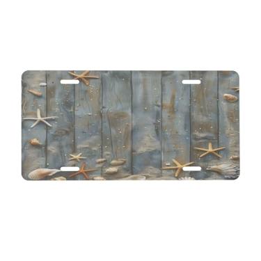 Imagem de Placa de licença de praia de madeira de estrela do mar para placas dianteiras de carro alumínio metal adequado para caminhão placa de porta de carro bar café acessórios automotivos para homens