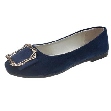 Imagem de Sapatos rasos femininos modernos com detalhe de fivela material de malha macia primavera calçados casuais em vários tamanhos para várias atividades, Azul-royal escuro, 39