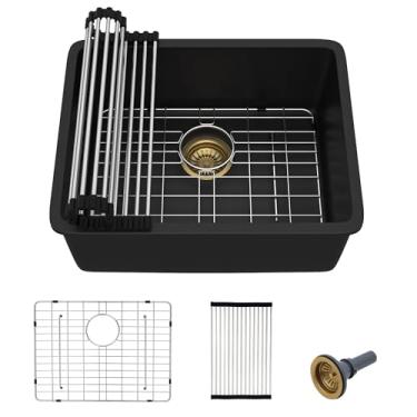 Imagem de Fulorni Pia de preparação de barra de montagem inferior de 53,3 x 43,2 cm – Bacia de pia única de quartzo composto de granito preto fosco clássico sob balcão para bar molhado, trailer, cozinha pequena