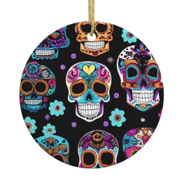 Imagem de Pingente redondo de cerâmica com estampa de caveira de açúcar, pingentes de porcelana, decoração criativa de Natal