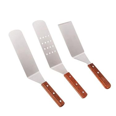 Imagem de Kit de Acessórios Profissionais para Grelha 3 Peças Conjunto Ferramentas Churrasco com Cabo Madeira Espátula Cozimento em Topo Camping Grelhas Teppany