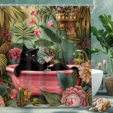 Imagem de Cinbloo Cortina de chuveiro engraçada gato preto 182x172A rosa choque peônia floral flor fofo animal na banheira retrô selva folhas tropicais planta conjunto de cortina de banheiro vintage acessórios