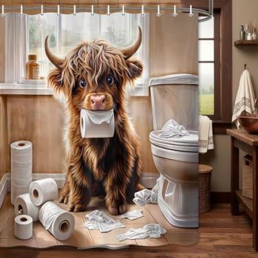 Imagem de Etsyoki Cortina de chuveiro de vaca fofa, cortina de chuveiro engraçada de vaca Highland para decoração de banheiro, humor, animais, tecido impermeável, conjunto de cortinas de banho de poliéster com