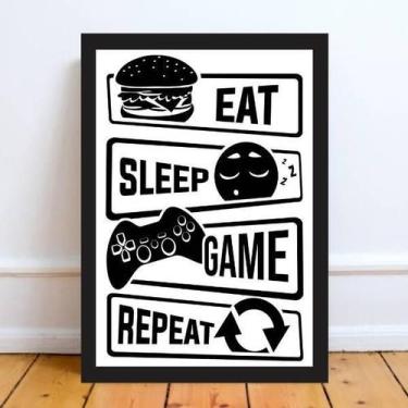Imagem de Quadro Eat Sleep Game Repeat 24X18 Com Vidro - Madeira Preta - Quadros