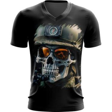 Imagem de Camiseta Gola V Caveira Militar Logo Guerra 5 - Kasubeck Store®, INF 1