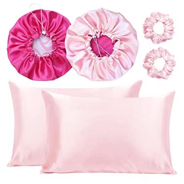 Imagem de Kit 2 Fronha De Cetim Seda + 2 Toucas + 2 Xuxinhas (Rosa/Pink)