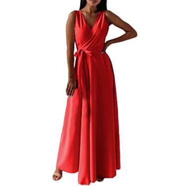 Imagem de UIFLQXX Vestido longo feminino plus size, casual, sem mangas, cintura alta, vestido boêmio, vestido de noite, vestido pequeno, Vermelho, XXG