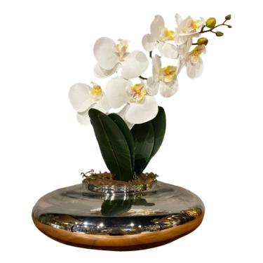 Imagem de Arranjo Centro de Mesa Orquídea Branca Artificial Vaso Espelhado