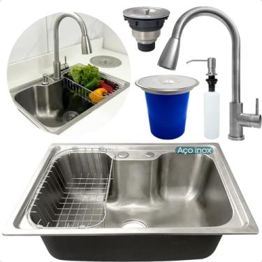 Imagem de Dona D Cor, Kit Cozinha Cuba Gourmet 60x42 Inox 304 Torneira Alta Monocomando Lixeira De Embutir 5L Porta Detergente 500ml Valvula E Sifão Kit Completo 6 Peças