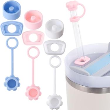 Imagem de HINZIC 3 conjuntos de tampas de derramamento para copo Stanley de 400 ml, tampa de canudo rosa azul branco de 10 mm, tampa quadrada à prova de vazamento e tampa redonda, acessórios de bebida