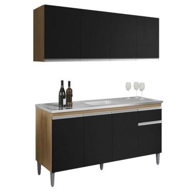 Imagem de Balcão de Pia Tatiane 145 cm e Armário Aéreo Andreia 4 Portas 150 cm Amêndoa Preto – AJL