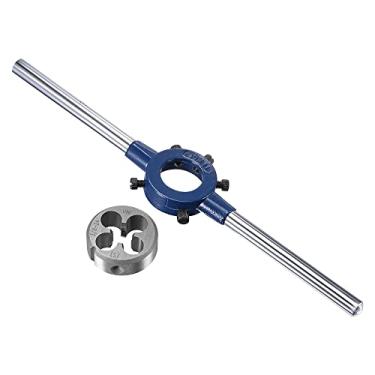 Imagem de uxcell Conjunto de chaves de cabo de matriz redonda, 3/8-24 UNF e suporte de matriz de 30 mm (serve para: matriz OD de 20 mm-30 mm / matriz de rosca M9-M11) ajustável para reparo de rosca de parafuso