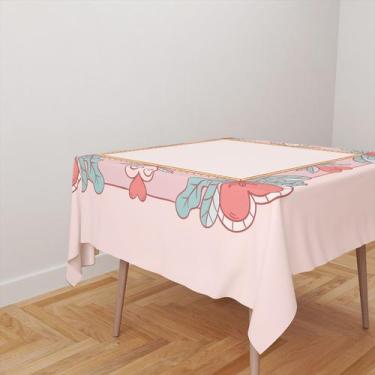 Imagem de Toalha De Mesa Quadrada 4 Lugares Tecido Oxford Moldura Rosa Corações 