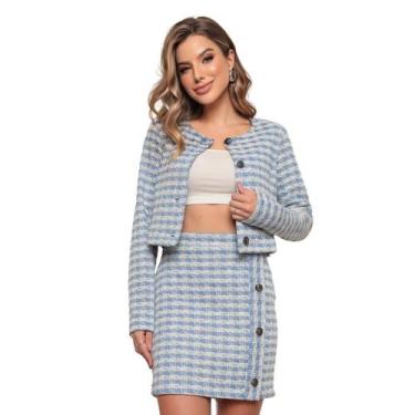 Imagem de Conjunto Feminino Saia e Jaqueta Cropped Tweed Elegante Tendência Outo