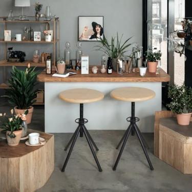 Imagem de FUBIRUO Banqueta de bar industrial - banqueta giratória rústica - banco redondo de metal de carvalho - bancada/barra ajustável - banco de aço fundido 45 a 55 cm (conjunto de 2)