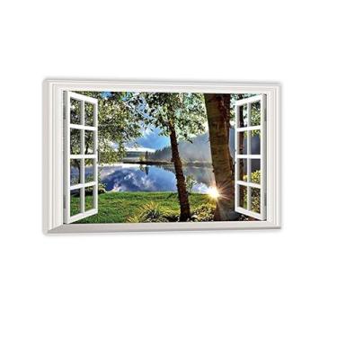 Imagem de Janela falsa 3D Peaceful Lake Sunshine Through the Woods Scenery Decor Frame Window Murals Room Home 105x70cm (41x28in) moldura interna