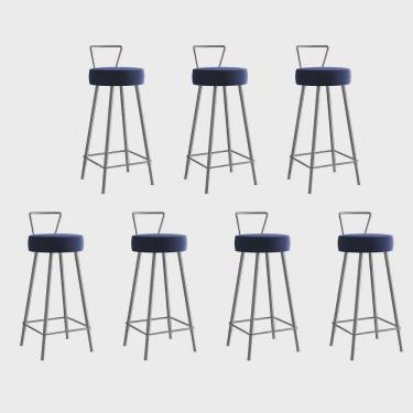 Imagem de Kit 07 Banqueta Alta Com Encosto Tais Eiffel Cozinha Bar Bistrô Ferro Cinza Sintético Azul Marinho - Ahz Móveis