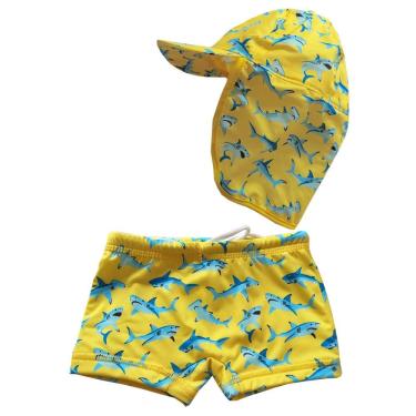 Imagem de Conjunto Praia Bebê Sunga Boxer e Boné Microfibra Proteção UV Tubarões Amarelo Everly