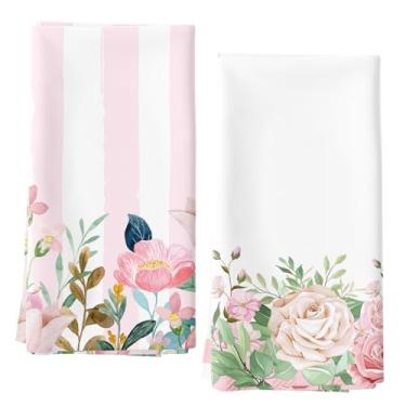 Imagem de LB Toalhas de cozinha florais primavera rosa e branco toalhas de prato listradas verticais para cozinha decorativas de eucalipto verde toalhas de mão de cozinha conjunto de 2 toalhas de cozinha