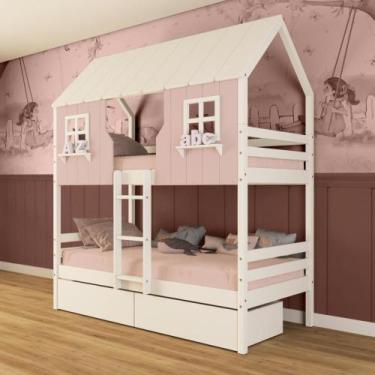 Imagem de Beliche Casinha Encantada com 02 Gavetas Madeira Maciça Rosa/ Branco M