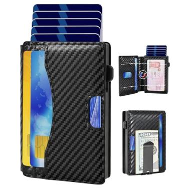 Imagem de Carteira masculina minimalista e fina com clipe para dinheiro, porta-cartões pop-up, carteira inteligente, fibra de carbono, capacidade para 10 cartões | Bloqueio de RFID | Janela para identidade,