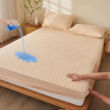 Imagem de Capa protetora de colchão de algodão com textura de jasmim, impermeável, com tiras elásticas, respirável, macio, acessório de cama adequado para a pele - cáqui | solteiro 89 x 200 cm
