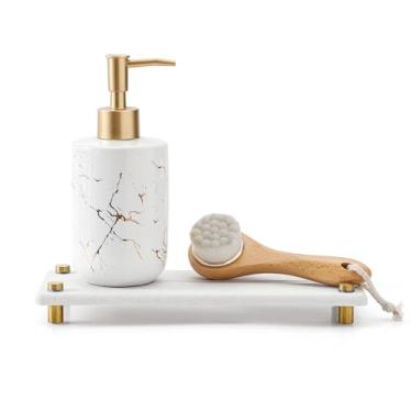 Imagem de Razborci Bandeja organizadora de pia de cozinha com absorção de água, bandeja organizadora de pia de banheiro de diatomita, tapete de secagem de torneira dourada, suporte de esponja, dispensador de