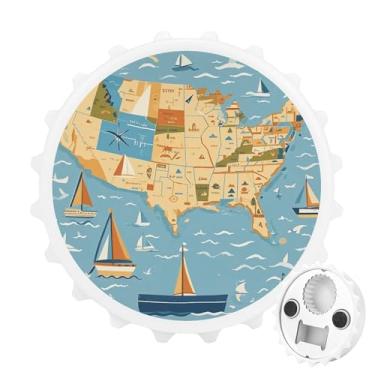 Imagem de Abridor de garrafa magnético redondo ímãs de geladeira náutico mapa de veleiro abridor portátil engraçado abridor de cerveja ímãs de geladeira decorativos para casa, bar, cozinha, escritório, branco