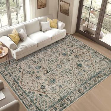 Imagem de Tapetes de área de 25 x 30 cm para sala de estar laváveis, macios, vintage, grandes, neutros, para quarto, boêmio, casa de fazenda, antiderrapante, para sala de jantar (bege/azul, 25 x 33 cm)