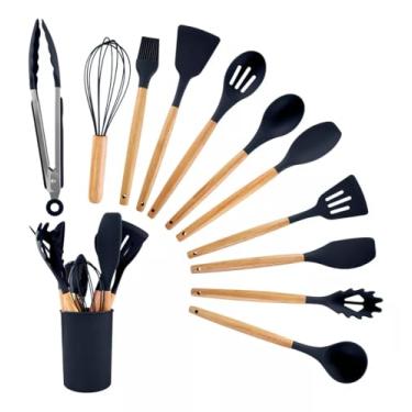 Imagem de Kit com 12 Utensílios de Cozinha em Silicone com Cabo de Madeira Conjunto Completo com Suporte, Resistente ao Calor até 230°C (Preto)