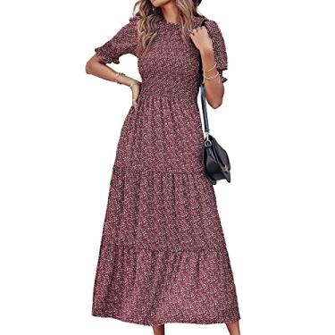 Imagem de BTFBM Vestidos femininos casuais de verão 2025 primavera gola redonda babados manga curta estampa floral vestido maxi boho rodado, Floral vinho tinto branco, P