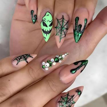 Imagem de Press on Nails MABKJLF Halloween Ammond Green Spider Web