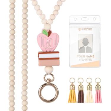 Imagem de Cordão de professor com suporte de identidade, cordão retrátil de madeira para crachás de identificação, chaves, moderno, fofo, boêmio, cordão de separação para mulheres
